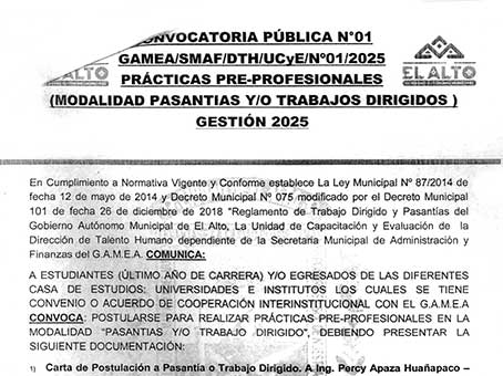 📌 CONVOCATORIA PÚBLICA N°01 GAMEA/SMAF/DTH/UCyE/N°01/2025 PRÁCTICAS PRE-PROFESIONALES 2025