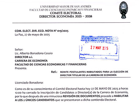 POSTULANTES HABILITADOS PARA LA ELECCIÓN DE DIRECTOR TITULAR DE LA CARRERA DE ECONOMÍA