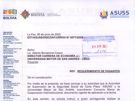 REQUERIMIENTO DE PASANTÍA PARA DIFERENTES ÁREAS DE LA ENTIDAD DE SUPERVISIÓN DE LA SEGURIDAD SOCIAL DE CORTO PLAZO "ASUSS" - JUNIO 2025