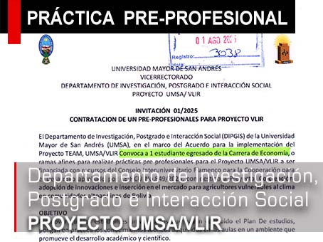 📌CONVOCATORIA: INVITACIÓN 01/2025 CONTRATACIÓN DE UN PRE-PROFESIONAL PARA PROYECTO VLIR