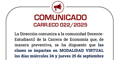 📌COMUNICADO CARR.ECO 022/2025 Clases viruales los días miércoles 24 y jueves 25 de septiembre