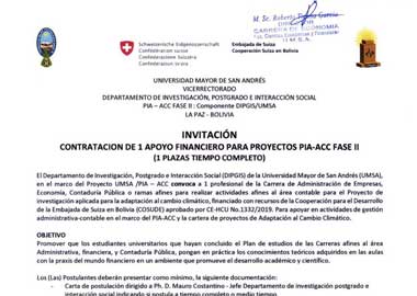 CONTRATACION DE 1 APOYO ADMINISTRATIVO FINANCIERO PARA PROYECTOS PIA-ACC FASE II