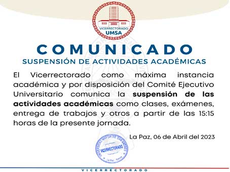 Suspención de las actividades académicas a partir de las 15:15 horas de hoy jueves 6 de abril