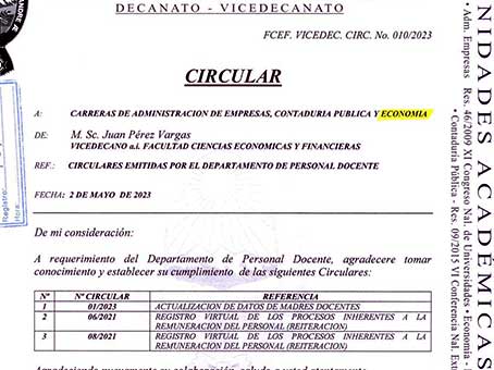 CIRCULARES EMITIDAS POR EL DEPARTAMENTO DE PERSONAL DOCENTE