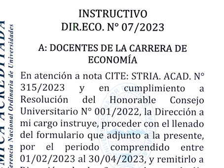 INSTRUCTIVO DIR.ECO. N° 07/2023 - A DOCENTES DE LA CARRERA DE ECONOMÍA